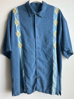 Tommy Bahama 100% Silk Short-Sleeve Button-Down with Yellow Floral Embroidery